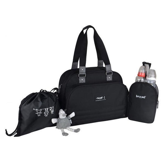 Baby an Bord – Wickeltasche – urbane klassische schwarze Tasche – 2 Fächer mit großer Reißverschlussöffnung – 7 Taschen – Essenstasche – Matte
