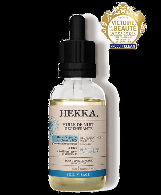 HEKKA - Huile de nuit régénérante, soin visage à base d'huiles végétales pour une peau revitalisée et éclatante