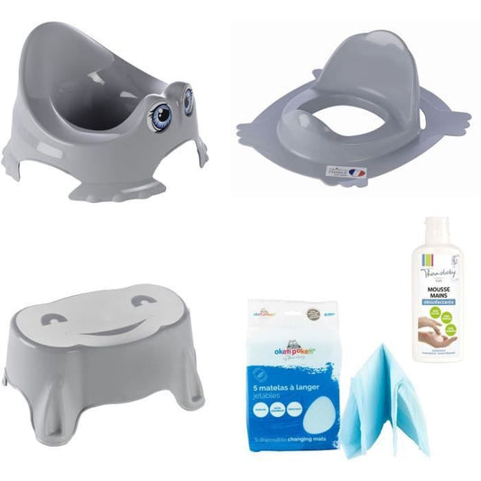 Babytopf + Toilettenverkleinerer + Rutschfester Tritthocker + Einweg-Wickelauflagen + Desinfektionsschaum