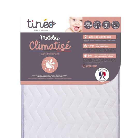 TINÉO – Klimamatratze 60 x 120 x 10 cm, Babymatratze, klimatisiert, 1 Sommerseite, 1 Winterseite, unbehandelt, hergestellt in Frankreich